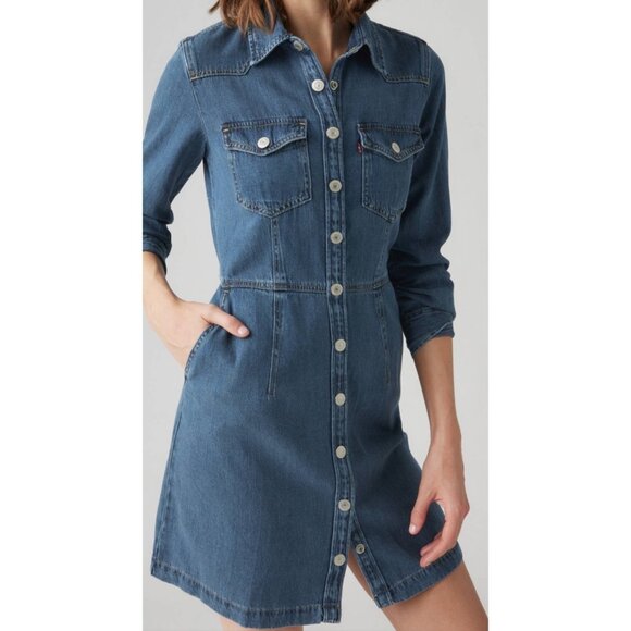 Levis Denim Otto Western Dress Button-snap Up Front Long Sleeve Mini Cut Small - Picture 1 of 14